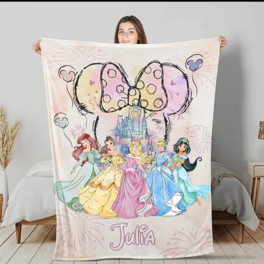Discover Personalized Disney Ariel Belle Aurora Cinderel Princess Pink Bow Fleece Blanket