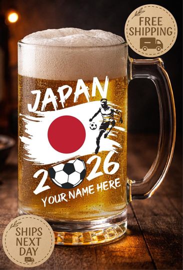 Personalized Japan Soccer Beer Mug 2026, Custom Name Japan Flag Glass, World Cup Soccer Gifts