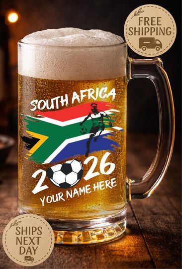 South Africa Soccer Beer Mug with Name, World Cup 2026 Football Glass, Personalized South African Flag Gift