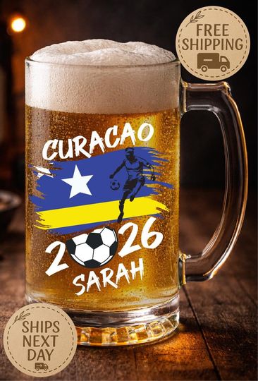 Curacao Soccer Beer Mug with Name, World Cup 2026 Football Glass, Personalized Gift for Curacao Game Day