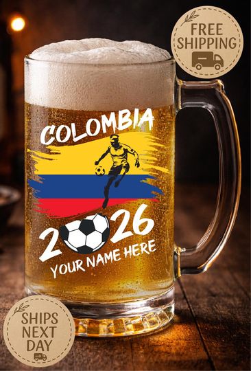 Colombia Soccer Beer Mug with Name, Personalized Football Glass for World Cup 2026, Birthday Gift