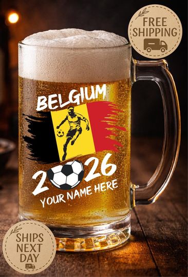 Belgium Beer Mug Personalized Name, Belgian Soccer Glass, World Cup 2026 Red Devils Fan Gift