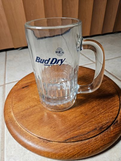 Discover Bud Dry Draft Beer Glass Mug with Blue Lettering, Official Product Logo on Back, Barware, Heavy, Collectible. Bin #43F