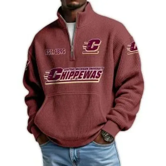Discover Chippewas Football Est 1896 Waffle Stand Collar Half Zip Sweatshirt