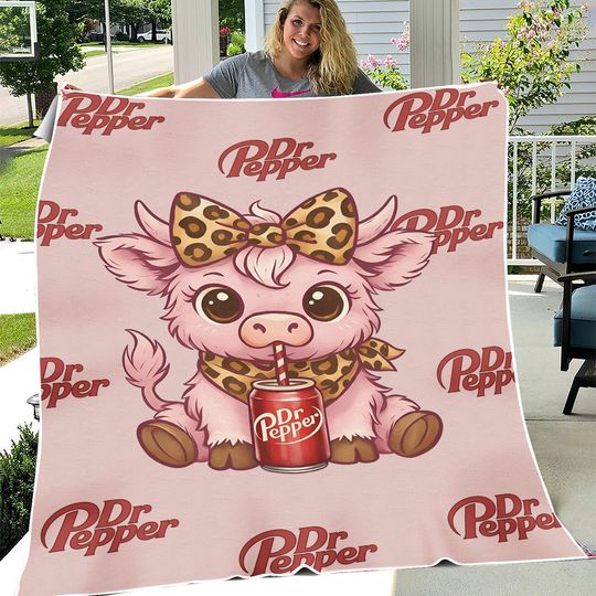 Highland Cow Dr Pepper Fleece Blanket, Gift for Kid