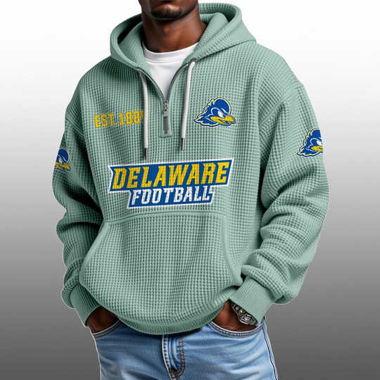 Discover Delaware Football EST 1889 Half Quarter Zip Waffle Hoodie