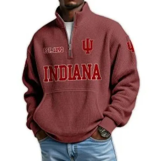 Indiana Football Est 1890 Waffle Stand Collar Half Zip Sweatshirt