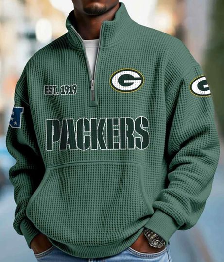 Green Packer EST 1919 Half Zip Waffle Sweatshirt, Football Trending Shirt, Gameday Outfit