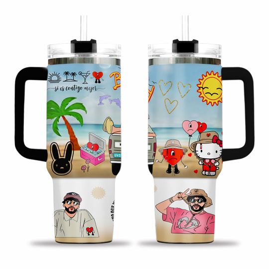 Bad Bunny Tumbler 40oz With Handle, Water Bottle Stainless Steel Thermos, Coffee Cup Travel Car Camping, Large Water Bottle, Gift For Father