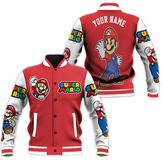 Personalized Super Mario Baseball Jacket with Mario, Luigi, Peach, Yoshi, and Family Design