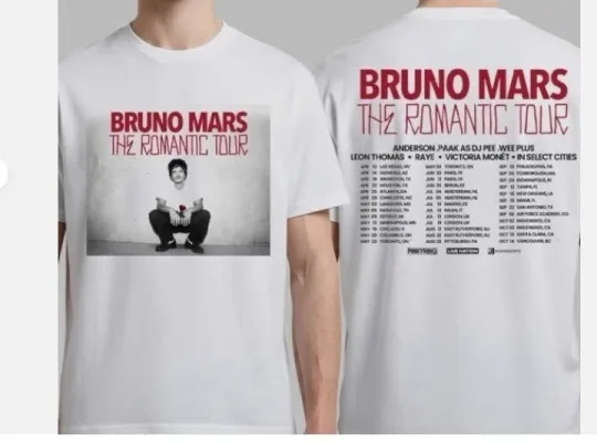 Discover Bruno Mars The Romantic Tour 2026 Schedule Dates Two Sided T-Shirt