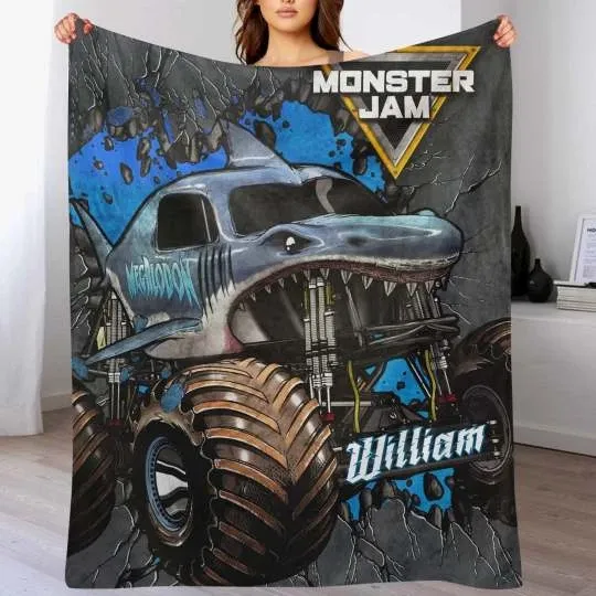Discover Personalized Shark Monster Truck Fleece Blanket  for Boys