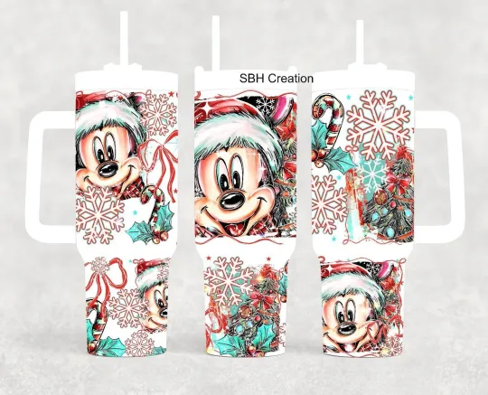 40oz Winter Whimsical Mickey insulated tumbler sliding lid and straw