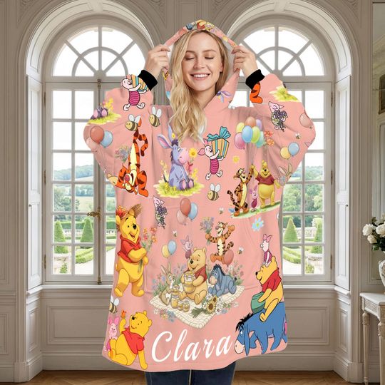 Discover Custom Winnie the Pooh Blanket Hoodie with Personalized Name, Oversized Wearable Blanket for Kids, Women, and Men