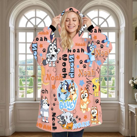 BlueyDad Personalized Blanket Hoodie, Oversized Wearable Hooded Blanket for Kids, Women, Men