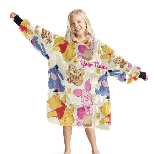 Discover Personalized Name Hoodie Blanket Winnie the Pooh Oversized Wearable Blanket for Kids and Adults