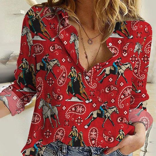 Discover Cowgirl Riding Horse Red Linen Shirt for Women, Western Country Girl Blouse, Casual Mother’s Day Shirt