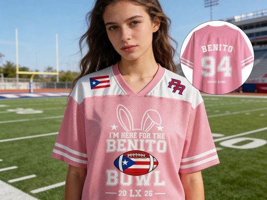 Discover Benito Puerto Rico Football Jersey Boricua Benito Bowl LX Halftime 2026 Jersey Here For The Benito V-Neck Top,Game Day Outfit Gift Idea