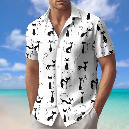 Discover Black Cat Button-Up Shirt for Men, Floral Summer Hawaiian Style