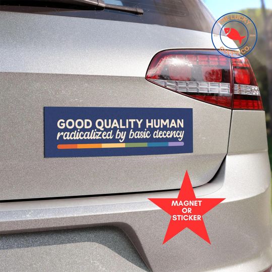 Discover good quality human radicalized by basic decency bumper sticker, make empathy great again car magnet, practice radical kindness, subtle FDT