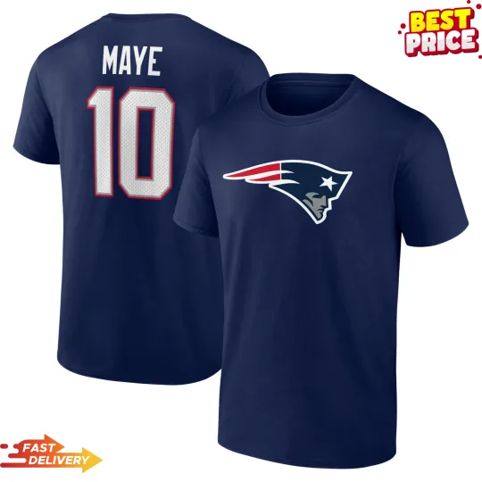Discover Drake Maye Patriots Icon Name & Number T-Shirt - Navy - New England Fan Gift
