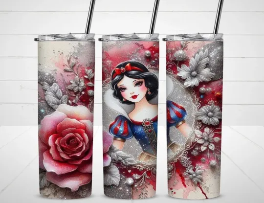 Snow White Floral Tumbler with Lid and Straw, Gift for Friends