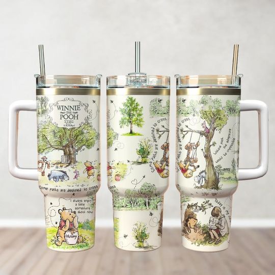 Winnie The Pooh Tumbler 40Oz, Pooh And Friends Coffee Tumbler, Disney Cartoon Insulated Tumbler, Pooh Eeyore Piglet Tigger Tumbler Cups