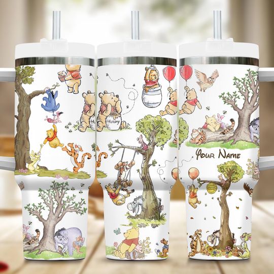 Personalize Winnie The Pooh 40oz Tumbler, Disney Pooh Cup, Disney Tumbler, Piglet Tigger Eeyore Stainless Steel Tumbler, Gift for Dad Mom