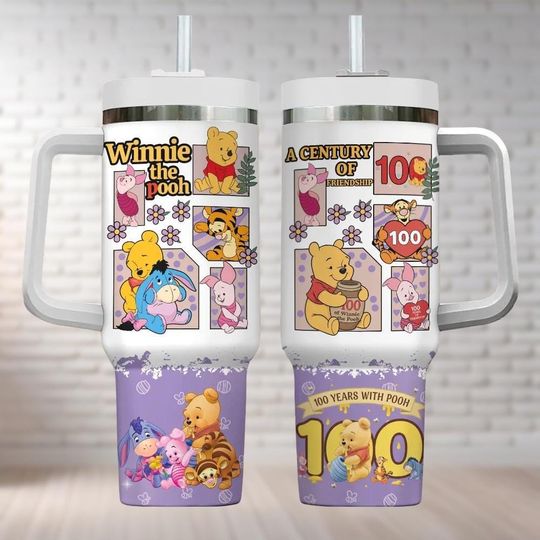 Winnie The Pooh 100th Anniversary Friends Tumbler 40oz, Pooh Eeyore Piglet Tigger Tumbler, Disneyland 100 Years Tumbler, Friendship Cup