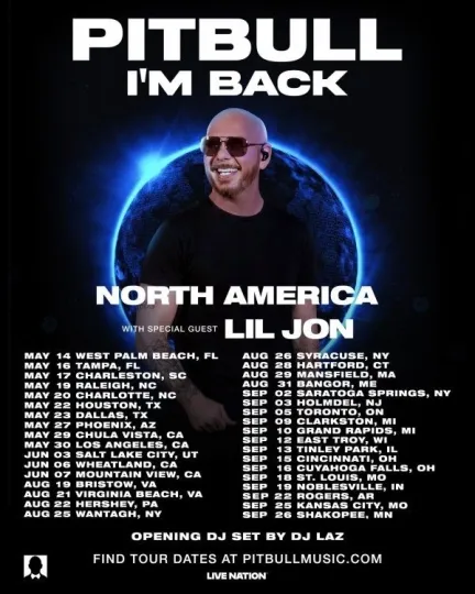 Discover Pitbull I’m Back North America Tour 2026 poster