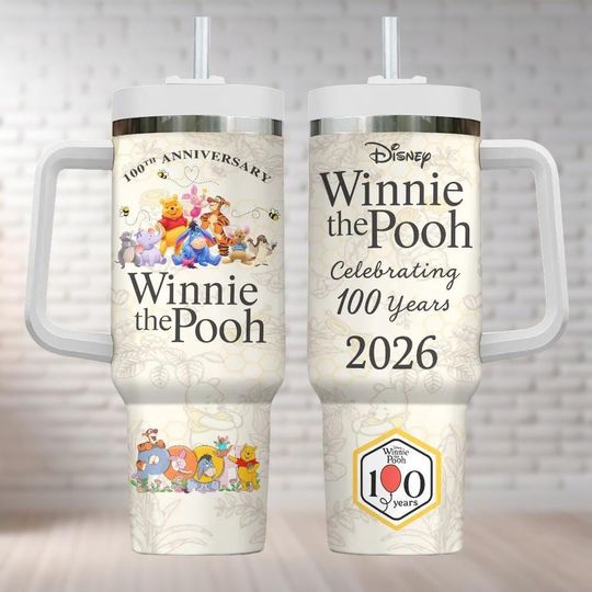 Winnie The Pooh 100th Anniversary Tumbler 40oz, Pooh Eeyore Piglet Tigger Friends Tumbler Cups, Disneyland 100 Years Friendship Tumbler