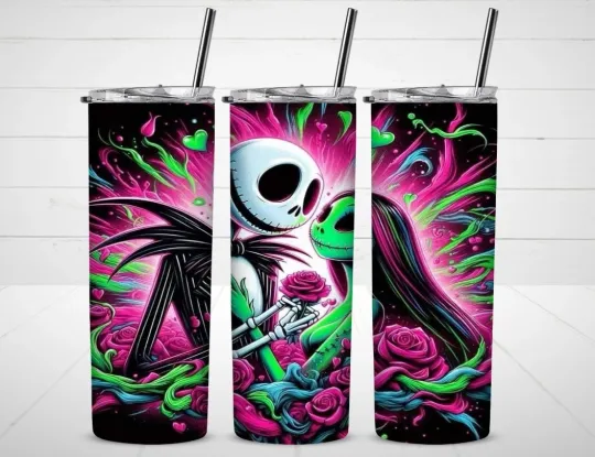 Jack and Sally Nightmare Before Christmas Tumbler with Lid and Straw, Gift for Friends