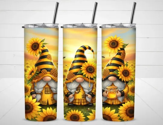 Discover Gnome Bee Sunflower Tumbler with Lid and Straw, Gift for Friends