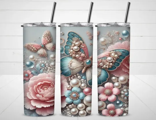 Discover Pearl Flower Butterfly Tumbler with Lid and Straw, Gift for Friends
