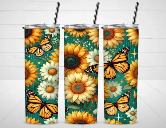Discover Monarch Butterfly Sunflower Tumbler with Lid and Straw, Gift for Friends
