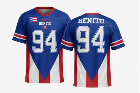 Discover Puerto Rico Mesh Football Jersey, Team Benito Jersey, Blue Kits Fan Apparel LX Halftime Show