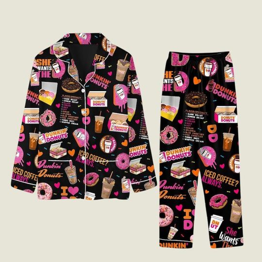 Dunkin Donuts Pajamas Set, Pink Coffee & Donuts Sleepwear for Women