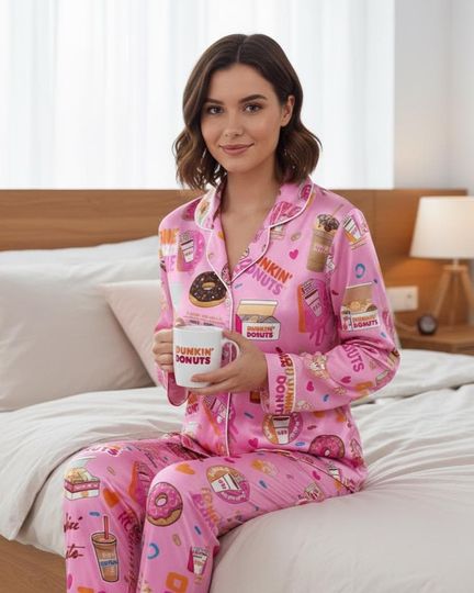 Dunkin Donuts Pajamas Set, Pink Coffee & Donuts Sleepwear for Women