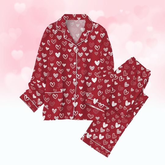 Discover Valentine Red Heart Pajamas Set for Women, Holiday Sleepwear, Midnight Heart Nightshirt, Party Pajamas, Gift for Her