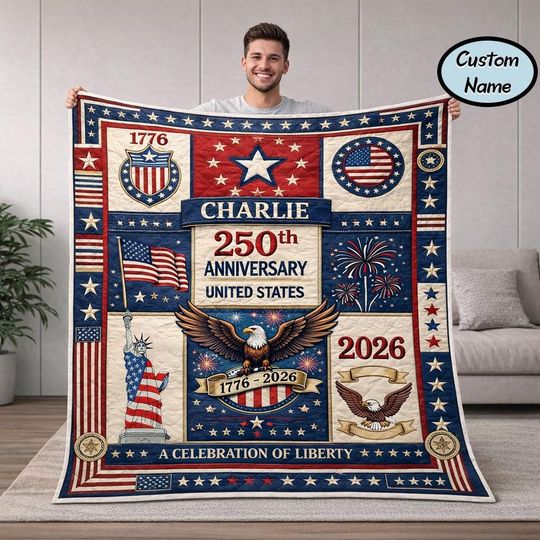 United States 250th Anniversary Quilt Blanket, Patriotic American Throw, USA 1776-2026 Gift