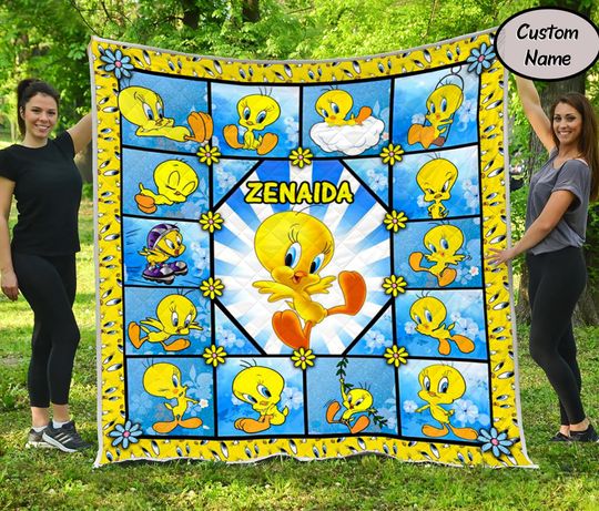 Discover Personalized Tweety Bird Quilt Blanket for Kids, Custom Name Fleece Cartoon Blanket