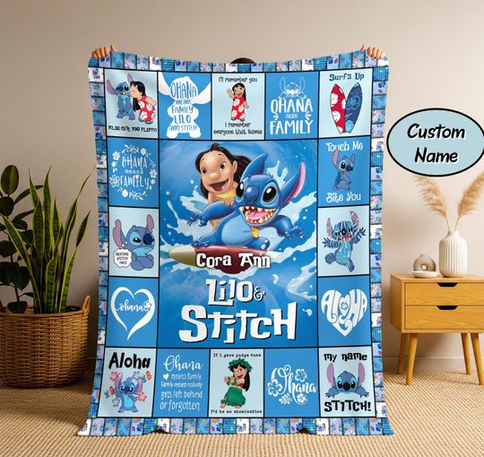 Discover Personalized Lilo and Stitch Quilt Blanket, Custom Name Fleece Throw, Kids Cartoon Bedding, Birthday Gift
