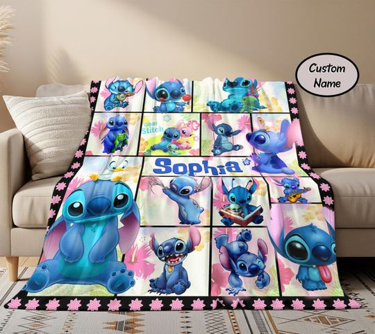 Discover Personalized Name Stitch Flower Quilt Blanket, Lilo and Stitch Quilt for Kids, Birthday Gift, Newborn Blanket