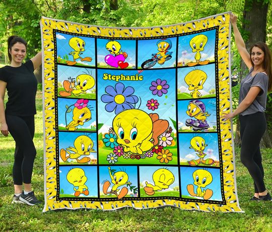 Discover Personalized Tweety Bird Quilt Blanket for Kids, Custom Name Fleece Cartoon Blanket