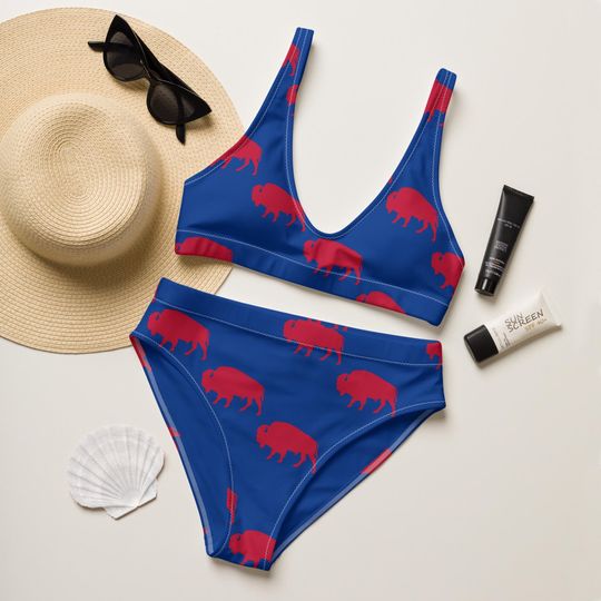 Discover Buffalo High Waisted Bikini Set, Buffalo Football Swim Suit, Two Piece High Waist Swimsuit, Sporty Fan Beach Set, Game Day Pool Gift