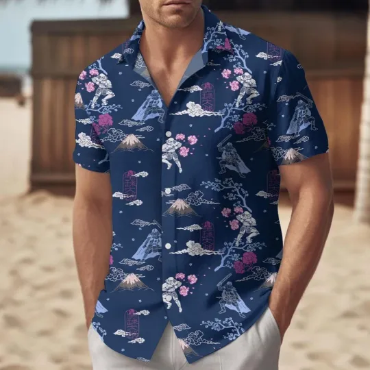 Discover Disney Star Wars Training Day Japanese Art Navy Blue Hawaiian Shirt
