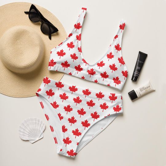 Discover Canada High Waisted Bikini, Red Maple Leaf Swimsuit