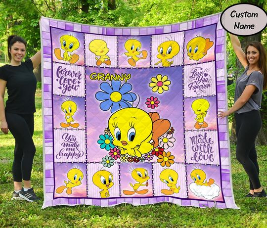 Discover Personalized Tweety Bird Quilt Blanket, Custom Name Fleece Blanket for Kids, Cartoon Birthday Gift