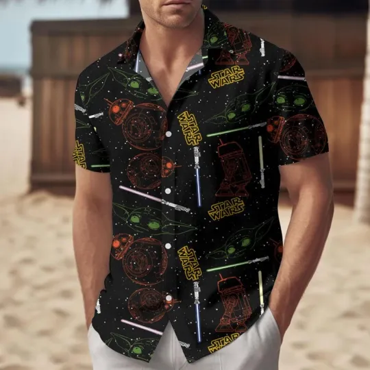 Discover Disney Star Wars Baby Yoda R2D2 Star Space Black Hawaiian Shirt