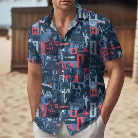 Discover Disney Star Wars Dark Side Graphics Collage Navy Blue Hawaiian Shirt